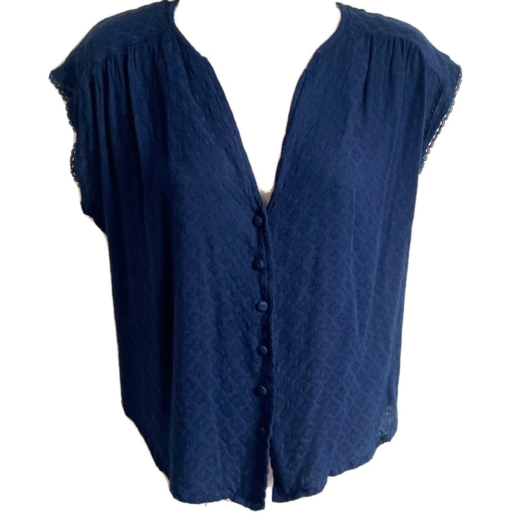 Melloday button down cap sleeve neck rayon blouse top dark blue v neck small